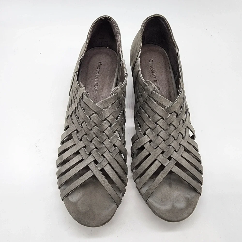 Chocolat Blu Yoko Woven Wedge Sandals Women's Size 8 Grey Leather Cork Heel